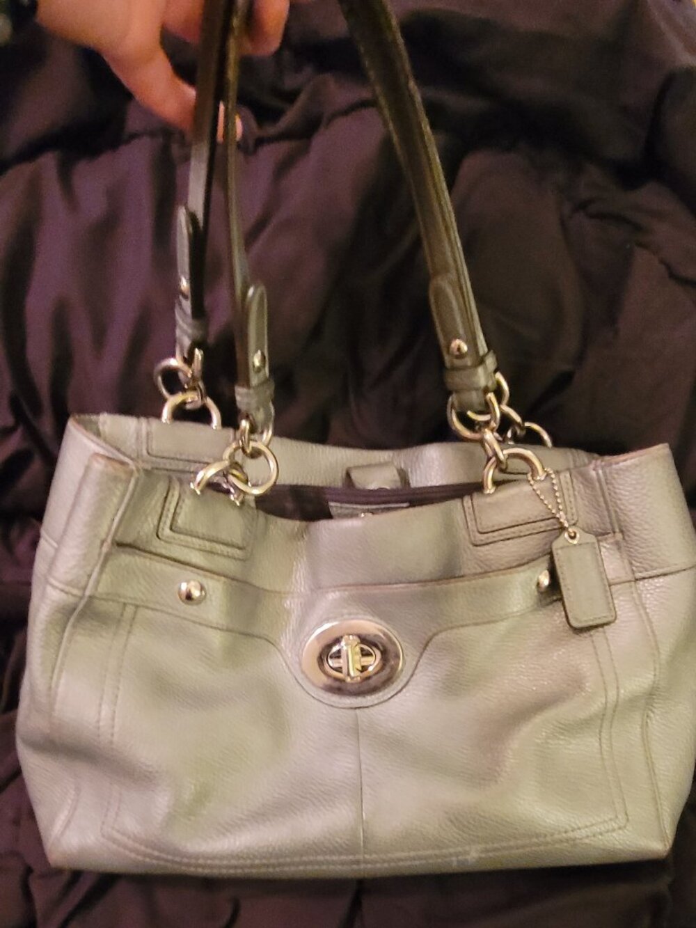 Coach Pebbled Leather Satchel – Gray – Turn‑Lock Front – Multi‑Compartment